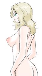 Rule 34 | 1girl, absurdres, ass, back, blonde hair, breasts, from side, girls und panzer, green eyes, highres, kay (girls und panzer), kuppipi ramutarou, large breasts, long hair, nipples, nude, open mouth, solo, upper body, white background