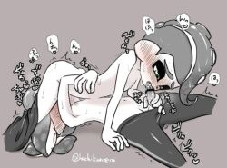 Rule 34 | 2boys, 69, ass, bare shoulders, blush, cum, cum in mouth, cumdrip, ebi (hachikunperoi), fellatio, green eyes, greyscale, inkling, inkling boy, inkling player character, japanese text, male focus, monochrome, multiple boys, navel, nintendo, nipples, octoling, octoling boy, octoling player character, oral, pants, pants around one leg, penis, pointy ears, short hair, simple background, speech bubble, splatoon (series), splatoon 2, sweat, sweatdrop, tentacle hair, tentacles, tight clothes, tight pants, topless, topless male, yaoi