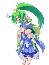 Rule 34 | 2girls, :d, aoki reika, bike shorts, blue eyes, blue hair, blue shorts, blue skirt, bow, carrying, choker, circlet, cure beauty, cure march, green bow, green choker, green eyes, green hair, green shorts, green skirt, hair tubes, head wings, highres, long hair, looking at another, magical girl, midorikawa nao, multiple girls, nukosann, open mouth, pointing, ponytail, precure, shoes, shorts, shorts under skirt, shoulder carry, sidelocks, skirt, smile, smile precure!, tri tails, white background, white footwear, wings, wrist cuffs