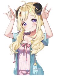 Rule 34 | 1girl, \m/, absurdres, ahoge, blonde hair, blush, breasts, cleavage, commentary, cropped legs, fruit hair ornament, hair ornament, hairclip, hands up, highres, hololive, hood, hood down, hoodie, horns, long hair, looking at viewer, low twintails, medium breasts, mirami (tatarim39), purple eyes, ribbon, sheep girl, sheep horns, short sleeves, smile, solo, spaghetti strap, symbol-only commentary, tank top, tsunomaki watame, tsunomaki watame (loungewear), twintails, virtual youtuber