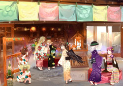 Rule 34 | 6+girls, bad id, bad pixiv id, bamboo, earrings, female focus, festival, highres, horns, hoshiguma yuugi, japanese clothes, jewelry, kadomatsu, kaenbyou rin, kimono, kisume, komeiji koishi, komeiji satori, kurodani yamame, mizuhashi parsee, multiple girls, reiuji utsuho, shop, single horn, subterranean animism, touhou, ume (plumblossom)