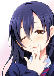 Rule 34 | 10s, 1girl, blazer, bow, brown eyes, gradient background, hair between eyes, hand to own mouth, highres, jacket, long hair, looking at viewer, love live!, love live! school idol project, pink background, portrait, school uniform, smile, solo, sonoda umi, sorano (12gou), upper body