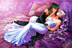 Rule 34 | 1990s (style), 2girls, artist name, bad id, bad pixiv id, bare shoulders, bed, bishoujo senshi sailor moon, black gloves, choker, cloveras, crescent, crescent facial mark, double bun, dress, earrings, elbow gloves, facial mark, forehead mark, frilled pillow, frills, gloves, green dress, green hair, hand on another&#039;s cheek, hand on another&#039;s face, jewelry, long dress, long hair, lying, meiou setsuna, multiple girls, pillow, pink eyes, pink hair, princess pluto, queen serenity, red eyes, retro artstyle, strapless, strapless dress, very long hair, white dress, yuri