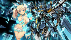 Rule 34 | 1girl, absurdres, arm strap, bad id, bad pixiv id, bikini, bikini skirt, blue eyes, breasts, cleavage, cleavage cutout, clothing cutout, feathers, garimpeiro, glowing, glowing eyes, headset, highres, looking at viewer, mecha, mechanical wings, open hands, orange eyes, original, revealing clothes, robot, science fiction, smile, space, swimsuit, twintails, wings, wrist cuffs