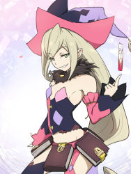 Rule 34 | 1girl, asymmetrical sleeves, bare shoulders, blonde hair, book, breasts, detached sleeves, eyes visible through hair, fur collar, green eyes, grin, groin, half-closed eyes, hat, heart, kiikii (kitsukedokoro), lock, long hair, long sleeves, looking at viewer, magilou (tales), mismatched sleeves, pointy ears, purple hat, small breasts, smile, solo, tales of (series), tales of berseria, very long hair, wide sleeves, witch hat