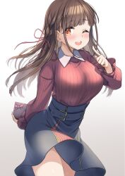 Rule 34 | 1girl, black skirt, box, breasts, brown hair, commentary request, gift, gift box, gradient background, grey background, highres, holding, holding gift, idolmaster, idolmaster shiny colors, kibihimi, large breasts, long hair, long sleeves, looking at viewer, one eye closed, orange eyes, red shirt, shirt, skirt, smile, solo, sonoda chiyoko, striped clothes, striped shirt, thighs, vertical-striped clothes, vertical-striped shirt, white background