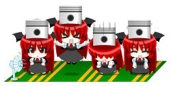 Rule 34 | &gt;:3, &gt; &lt;, 4girls, :&gt;, :3, :d, > <, ^ ^, bat wings, chibi, clone, closed eyes, electric fan, closed eyes, female focus, head wings, jumping, koakuma, long hair, multiple girls, multiple persona, open mouth, pistons, red hair, smile, embodiment of scarlet devil, touhou, v-shaped eyebrows, wings, x3, yamato damashi