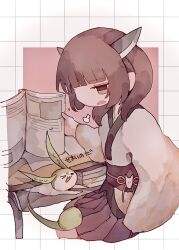 Rule 34 | &gt; o, 1girl, 50zushi, :3, puff of air, blunt bangs, book, brown eyes, brown kimono, creature, desk, grid background, hair over shoulder, headgear, highres, holding, holding book, japanese clothes, jitome, kimono, knife, long hair, looking at creature, obi, obijime, one eye closed, open book, open mouth, pleated skirt, purple skirt, sash, school desk, short kimono, sigh, skirt, solo, textbook, touhoku kiritan, translation request, twintails, voiceroid, wide sleeves, zundamon