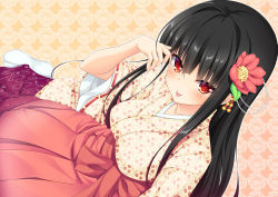 Rule 34 | 1girl, black hair, blush, breasts, dutch angle, floral background, flower, hair flower, hair ornament, hakama, hakama skirt, hand up, highres, japanese clothes, long hair, looking at viewer, medium breasts, moeki yuuta, official art, red eyes, red hakama, red ribbon, ribbon, ribbon-trimmed sleeves, ribbon trim, sidelocks, skirt, smile, solo, tongue, tongue out, white footwear, wide sleeves, yellow background