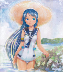 Rule 34 | 10s, 1girl, adapted costume, artist name, bird, blue eyes, blue hair, hat, island, kantai collection, long hair, matching hair/eyes, mayo riyo, nontraditional school swimsuit, ocean, one-piece swimsuit, rock, sailor collar, samidare (kancolle), school swimsuit, seagull, sky, smile, solo, sun hat, swimsuit, traditional media, very long hair, water, white school swimsuit, white one-piece swimsuit