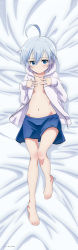 Rule 34 | 1girl, absurdres, ahoge, bare legs, barefoot, bed sheet, blue eyes, blue hair, blue skirt, blush, collarbone, dakimakura (medium), flat chest, full body, hands on own chest, highres, hood, hooded jacket, igarashi yukio, jacket, light blue hair, looking at viewer, lying, mukaigawara ken, navel, on back, on bed, open clothes, open jacket, rifle is beautiful, short hair, skirt, sleeves past wrists, solo, white jacket