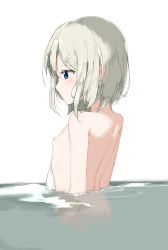 Rule 34 | 1girl, blue eyes, blush, breasts, closed mouth, covering privates, from side, grey hair, hair between eyes, highres, looking away, nipples, nude cover, onsen, original, partially submerged, profile, short hair, simple background, small breasts, solo, upper body, white background, zagashira