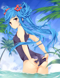 Rule 34 | 1girl, adjusting clothes, adjusting swimsuit, ass, beatmania, beatmania iidx, bemani, black one-piece swimsuit, blue hair, day, hair ornament, hair rings, highres, jubeat, long hair, looking at viewer, looking back, maud, one-piece swimsuit, palm tree, partially submerged, red eyes, sky, solo, swimsuit, tree, tries, twintails, very long hair, wading, water