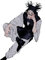 Rule 34 | 1boy, black eyes, black footwear, black hair, boots, choso (jujutsu kaisen), crossed legs, facial tattoo, hand on own face, highres, japanese clothes, jujutsu kaisen, looking at viewer, male focus, pants, scar, scarf, shirt, short hair, short twintails, simple background, sitting, solo, tattoo, twintails, user unvj2744, white background, white pants