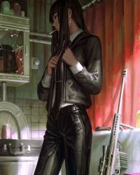 Rule 34 | 1girl, absurdres, anti-materiel rifle, barrett m82, bipod, black hair, black jacket, black necktie, black pants, broken mirror, cigarette, closed mouth, collared shirt, commentary, earrings, eyebrows hidden by hair, gun, guweiz, highres, indoors, jacket, jewelry, long hair, long sleeves, looking away, mirror, mouth hold, necktie, open clothes, open jacket, original, pants, profile, reflection, rifle, scope, shirt, sniper rifle, solo, suitcase, symbol-only commentary, thick eyebrows, tie clip, weapon, white shirt