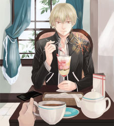 Rule 34 | 1boy, bad id, bad pixiv id, blonde hair, cup, fate/stay night, fate (series), gilgamesh (fate), looking at viewer, official alternate costume, out of frame, parfait, pov, pov across table, pov hands, solo focus, suwaru (ght53kklvcc231), teacup, teapot, window