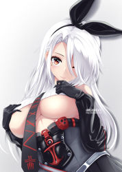 Rule 34 | 1girl, anchor symbol, artist name, azur lane, black gloves, black necktie, black skirt, black sleeves, breasts, crop top, detached sleeves, from below, gloves, hair over one eye, hair ribbon, hands on own chest, high-waist skirt, highres, iron blood (emblem), large breasts, long hair, looking at viewer, mimelex, mole, mole under eye, necktie, one eye closed, pleated skirt, prinz heinrich (azur lane), red eyes, ribbed shirt, ribbon, shirt, simple background, skirt, solo, underboob, very long hair, white background, white hair, white shirt
