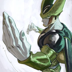 Rule 34 | 1boy, cell (dragon ball), closed mouth, colored sclera, colored skin, commentary, dragon ball, dragonball z, fighting stance, garrett hanna, grey background, grey eyes, grey nails, grey skin, hands up, looking to the side, male focus, nail polish, perfect cell, smile, solo, yellow sclera