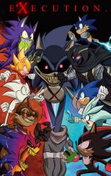 Rule 34 | 2girls, 6+boys, angry, bandaged arm, bandaged chest, bandages, black hood, black sclera, chaos emerald, chaos shadow, claws, closed eyes, colored sclera, confrontation, english text, entity-666 (sonic.exe), fleetway super sonic, genderswap, genderswap (mtf), gloves, highres, horns, im lazy sheck lol, looking at viewer, lord x (sonic.exe), manipulation (sonic.exe), mask, multiple boys, multiple girls, open mouth, red eyes, red horns, sally.alt (sonic.exe), sally acorn, scar, scar across eye, scar on chest, scar on face, shadow the hedgehog, sharp teeth, silver the hedgehog, silver the hedgehog (sonic: execution), smile, sonic.exe, sonic: execution (comic), sonic (series), sonic boom (series), sonic the comic, sonic the hedgehog, sonic the hedgehog (archie comics), soul eater (sonic.exe), stitched eyes, stitching, super sonic, teeth, the revenant (sonic: execution), thread, tongue, tongue out, white gloves, x
