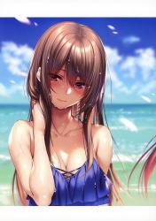 Rule 34 | 1girl, absurdres, bare shoulders, bikini, blue sky, blush, breasts, cloud, cloudy sky, day, hanikami kanojo, highres, ocean, outdoors, piromizu, scan, simple background, sky, solo, swimsuit, upper body, water, water drop
