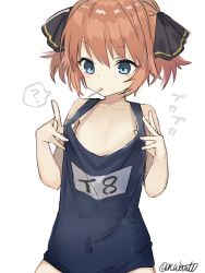 Rule 34 | 1girl, ?, black ribbon, blue eyes, blue one-piece swimsuit, brown hair, candy, commentary request, cowboy shot, flat chest, food, hachijou (kancolle), hair ribbon, i-8 (kancolle), kantai collection, lollipop, looking down, mouth hold, name connection, name tag, one-hour drawing challenge, one-piece swimsuit, oversized clothes, pun, ribbon, school swimsuit, short hair, signature, simple background, solo, swimsuit, white background, yamashichi (mtseven)