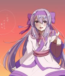 Rule 34 | 1girl, blush, coat, eyebrows hidden by hair, fate/grand order, fate (series), grey hair, hair between eyes, hair ribbon, highres, japanese clothes, long hair, looking at viewer, open mouth, pointing, pointing at viewer, purple eyes, purple hair, ribbon, sii artatm, sitonai (fate), smile, solo
