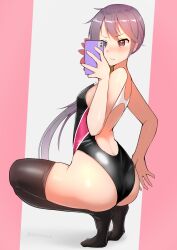 Rule 34 | 1girl, absurdres, akebono (kancolle), ass, black eyes, black one-piece swimsuit, black thighhighs, breasts, commentary request, competition swimsuit, flower, full body, hair flower, hair ornament, highleg, highleg swimsuit, highres, holding, holding phone, kantai collection, katsuten, long hair, looking at object, looking at phone, multicolored clothes, multicolored swimsuit, one-piece swimsuit, phone, purple hair, side ponytail, small breasts, solo, squatting, swimsuit, taking picture, thighhighs, two-tone background, very long hair