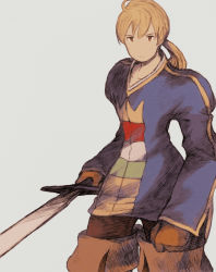 Rule 34 | 1boy, ahoge, armor, blonde hair, brown eyes, brown gloves, cowboy shot, expressionless, final fantasy, final fantasy tactics, gloves, grey background, highres, holding, holding sword, holding weapon, long hair, long sleeves, maeka (kumaekake), male focus, ponytail, ramza beoulve, simple background, solo, sword, weapon