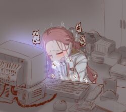 Rule 34 | artist request, blue archive, blush, cellphone, closed eyes, computer, female masturbation, flat color, jacket, keyboard (computer), masturbation, monitor, mouse (animal), open mouth, phone, red hair, sketch, suggestive, sweat, yuzu (blue archive)