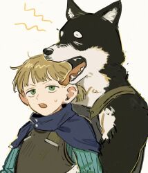 Rule 34 | 2boys, armor, blonde hair, closed eyes, dog, dungeon meshi, furry, furry male, halfling, highres, hug, hug from behind, kuro (dungeon meshi), large ears, leather armor, long sleeves, looking at viewer, mickbell tomas, multiple boys, n 5zz, open mouth, ponytail, short hair, simple background, white background, yawning