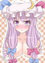 Rule 34 | 1girl, absurdres, blush, breast hold, breasts, censored, convenient censoring, female focus, hair censor, hair ornament, hair over breasts, hat, highres, large breasts, long hair, megawatt, nude, patchouli knowledge, purple eyes, purple hair, solo, tears, touhou, upper body