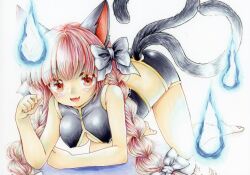 Rule 34 | 1girl, :d, animal ears, bare shoulders, barefoot, black bow, black shorts, blunt bangs, blush, bow, braid, breasts, cat ears, cat tail, cleavage cutout, clothing cutout, covered erect nipples, fang, forked tail, gold trim, hair bow, hair ribbon, hand up, hitodama, kaenbyou rin, lily k oekaki, long hair, looking at viewer, medium breasts, multiple tails, nekomata, open mouth, paw pose, red eyes, red hair, ribbon, shorts, simple background, skin fang, smile, solo, tail, tail through clothes, top-down bottom-up, touhou, tress ribbon, twin braids, two tails, white background