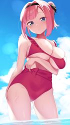 Rule 34 | 1girl, absurdres, bare arms, bare shoulders, beach, bikini, blue eyes, blue sky, blush, breasts, cloud, cloudy sky, frilled bikini, frilled swimsuit, frills, hairband, highres, large breasts, looking at viewer, misao koinu, mochizuki momiji, new game!, pink hair, red bikini, short hair, sky, solo, swimsuit, thighs