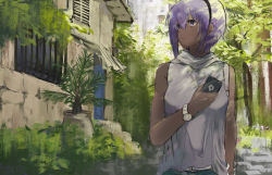 Rule 34 | 1girl, alternate costume, bare shoulders, belt, closed mouth, dark-skinned female, dark skin, day, fate/prototype, fate/prototype: fragments of blue and silver, fate (series), grass, hairband, hassan of serenity (fate), highres, holding, holding phone, hood, house, looking to the side, nature, outdoors, phone, plant, purple eyes, purple hair, scenery, short hair, solo, tree, tsuiru, upper body, watch, wristwatch