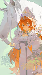 Rule 34 | absurdres, breasts, character request, chinese commentary, cleavage, closed mouth, commentary request, copyright request, dress, expressionless, frilled hat, frills, gloves, gown, green background, hand on animal, hat, highres, horns, juliet sleeves, leaf, long dress, long hair, long sleeves, orange hair, puffy sleeves, purple eyes, sample watermark, single horn, small breasts, star (symbol), star print, unicorn, unicorn horn, very long hair, watermark, white dress, white gloves, white hat, white horns, white sleeves, xingxe huiyou
