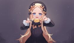 Rule 34 | 1girl, abigail williams (fate), black bow, black dress, black hat, blonde hair, blue eyes, bow, breasts, crime prevention buzzer, dress, fate/grand order, fate (series), forehead, grey background, hair bow, hat, highres, long hair, long sleeves, looking at viewer, miya (miyaruta), open mouth, orange bow, parted bangs, ribbed dress, shukusei!! loli-gami requiem, small breasts, smile, solo