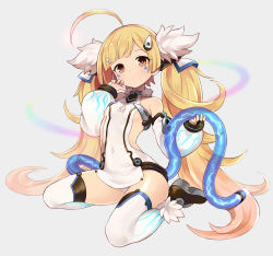 Rule 34 | 1girl, ahoge, azur lane, blonde hair, breasts, brown eyes, closed mouth, clothing cutout, covered navel, detached sleeves, eldridge (azur lane), full body, grey background, highres, long hair, looking at viewer, puffy sleeves, rainbow, side cutout, sideboob, simple background, sitting, small breasts, solo, tail, tareme, thighhighs, thighs, tube, twintails, very long hair, wariza, white thighhighs, yuko (uc yuk)