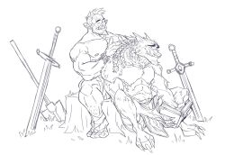 Rule 34 | 2boys, abs, bara, beard, braiding hair, couple, facial hair, fangs, from side, full beard, furry, furry male, furry with non-furry, gift art, glasses, greyscale, hairdressing, happy, highres, interspecies, large hands, large pectorals, leg hair, long hair, male focus, mature male, monochrome, monster boy, multiple boys, muscular, muscular male, nipples, no nipples, nukednick, orc, original, pectorals, planted, planted sword, planted weapon, playing with another&#039;s hair, pointy ears, scar, short hair, smile, sword, thick beard, thick eyebrows, topless male, tusks, weapon, wolf boy, yaoi