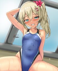Rule 34 | 1girl, blonde hair, blue one-piece swimsuit, blush, breasts, competition swimsuit, covered navel, dated, grecale (kancolle), green eyes, grin, highleg, highleg swimsuit, highres, indoors, kantai collection, long hair, montemasa, multicolored clothes, multicolored swimsuit, official alternate hairstyle, one-hour drawing challenge, one-piece swimsuit, rei no pool, side ponytail, sitting, small breasts, smile, solo, spread legs, swimsuit, twitter username, wet, wet clothes, wet swimsuit, window