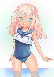 Rule 34 | 10s, 1girl, absurdres, blonde hair, blue eyes, crop top, flower, gradient background, hair flower, hair ornament, highres, kantai collection, long hair, one-piece swimsuit, open mouth, ro-500 (kancolle), sailor collar, school swimsuit, smile, solo, striped, striped background, swimsuit, swimsuit under clothes, tan, tanline, toono