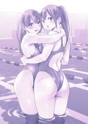 Rule 34 | 2girls, absurdres, ass, asymmetrical docking, backless swimsuit, breast press, chain-link fence, commentary request, competition swimsuit, fence, hand on another&#039;s back, hand on another&#039;s neck, hand on another&#039;s shoulder, highleg, highleg swimsuit, highres, hug, lane line, long hair, looking at viewer, macosee, monochrome, multiple girls, one-piece swimsuit, original, ponytail, pool, purple theme, standing, swimsuit, symmetrical docking, teeth, wading, water, yuri