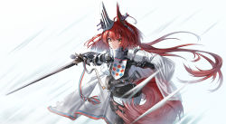 Rule 34 | 1girl, absurdres, animal ears, arknights, black bag, black shirt, black thighhighs, breakdiamond, cape, cowboy shot, ear covers, ear piercing, earclip, earpiece, flametail (arknights), gauntlets, highres, holding, holding sword, holding weapon, long hair, looking at viewer, low twintails, outstretched arms, piercing, pouch, red hair, shirt, simple background, skirt, smile, solo, squirrel ears, squirrel girl, squirrel tail, sword, tail, thigh pouch, thigh strap, thighhighs, twintails, weapon, white background, white cape, white skirt, yellow eyes