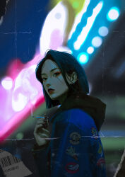 Rule 34 | 1girl, absurdres, asian, barcode, black nails, blue jacket, blurry, blurry background, bokeh, cigarette, depth of field, ear piercing, earrings, eyebrow piercing, fake scan, faux photograph, fingernails, forehead, from side, highres, holding, holding cigarette, hood, hooded jacket, jacket, jewelry, lips, long sleeves, looking to the side, medium hair, night, nose piercing, original, outdoors, parted lips, piercing, realistic, single hair intake, smoking, solo, sticker, yangtuotuo
