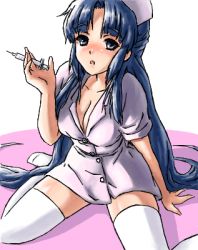 Rule 34 | 1girl, arm support, asakura ryouko, blue eyes, blue hair, blush, breasts, cleavage, collarbone, dress, esse, female focus, hat, holding, long hair, looking at viewer, lowres, needle, nurse, nurse cap, open mouth, parted bangs, shadow, short dress, short sleeves, sitting, solo, suzumiya haruhi no yuuutsu, syringe, thighhighs, wariza, white thighhighs