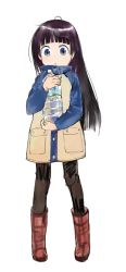 Rule 34 | :o, asasow, black hair, blue eyes, boots, bottle, child, long hair, long image, pantyhose, simple background, solo, tall image, water bottle