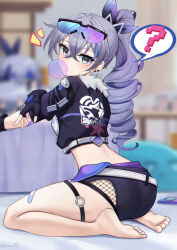 Rule 34 | 1girl, ?, absurdres, ass, bandaid, bandaid on leg, barefoot, black gloves, black jacket, black shorts, blurry, blurry background, chewing gum, cropped jacket, drill hair, eyewear on head, fingerless gloves, from side, gloves, grey eyes, highres, honkai: star rail, honkai (series), jacket, leaning forward, long hair, looking at viewer, nassss, ponytail, purple hair, short shorts, shorts, silver wolf (honkai: star rail), sitting, solo, spoken question mark, sunglasses, thigh strap, thighs, wariza