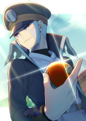 Rule 34 | 1boy, belt, belt buckle, black coat, black hat, brown belt, buckle, closed mouth, cloud, coat, commentary request, creatures (company), day, facial hair, game freak, glint, goatee, grey eyes, grey hair, hat, high collar, highres, holding, holding poke ball, ingo (pokemon), long sideburns, male focus, minamo (erkn7553), nintendo, outdoors, peaked cap, pearl clan outfit, poke ball, poke ball (legends), pokemon, pokemon legends: arceus, short hair, sideburns, sky, smile, solo, trench coat