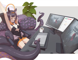Rule 34 | 1girl, armpits, asymmetrical sleeves, blunt bangs, choker, closed eyes, closed mouth, clothing cutout, coffee, coffee mug, commentary request, cup, drawing, drawing tablet, flat chest, fur-trimmed choker, fur trim, gradient hair, halo, highres, hololive, hololive english, ina (inadiary), indoors, medium hair, monitor, mug, multicolored hair, ninomae ina&#039;nis, ninomae ina&#039;nis (1st costume), plant, potted plant, purple hair, sidelocks, solo, stretching, stylus, tablet pc, tentacles, underboob cutout, uneven sleeves, virtual youtuber, youtube