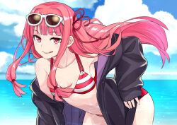 Rule 34 | 1girl, :q, bikini, bikini under clothes, blue sky, blunt bangs, breasts, caustics, closed mouth, cloud, cloudy sky, commentary request, cowboy shot, day, eyewear on head, floating hair, hair ribbon, hand on own hip, jacket, jacket partially removed, kotonoha akane, leaning forward, looking at viewer, low-tied sidelocks, ocean, one side up, outdoors, pink hair, red bikini, red eyes, red ribbon, ribbon, sky, small breasts, smile, solo, striped bikini, striped clothes, sunglasses, swimsuit, tongue, tongue out, toromera, voiceroid