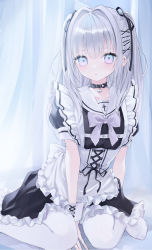 Rule 34 | 1girl, absurdres, arm support, between legs, black choker, black ribbon, blue eyes, bow, choker, collarbone, ear piercing, frills, grey hair, hair between eyes, hair intakes, hair ornament, hair ribbon, hand between legs, highres, long hair, looking at viewer, maid, mashiro shiki, md5 mismatch, no shoes, open mouth, original, piercing, resolution mismatch, ribbon, sailor collar, short sleeves, sidelocks, sitting, solo, source smaller, thighhighs, two side up, wariza, white bow, white theme, white thighhighs